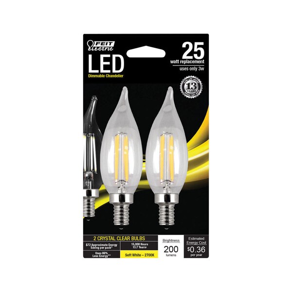 Feit Electric Feit CA10 (Flame Tip) E12 (Candelabra) LED Bulb Soft White 25 Watt Equivalence 2 pk BPCFC25927CAFL2 - main